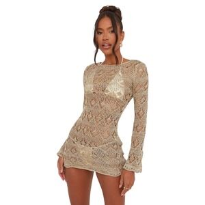 EGO Boho Flared Sleeve Mini Bodycon Beach Dress Sage Green Crochet Small NWT